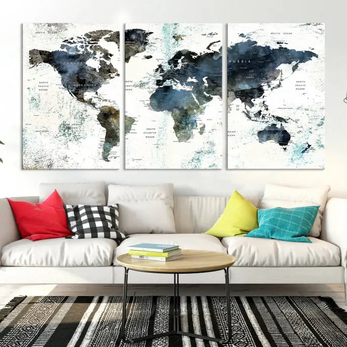 The "Watercolor Push Pin World Map Wall Art Canvas Print" displayed on the wall is a triptych crafted with museum-quality canvases. It contributes to the elegant ambiance with its modern and minimalist decor, featuring a UV-protective coating to maintain its vibrant allure.