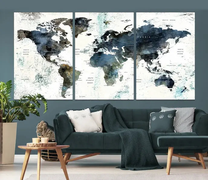 The "Watercolor Push Pin World Map Wall Art Canvas Print" displayed on the wall is a triptych crafted with museum-quality canvases. It contributes to the elegant ambiance with its modern and minimalist decor, featuring a UV-protective coating to maintain its vibrant allure.