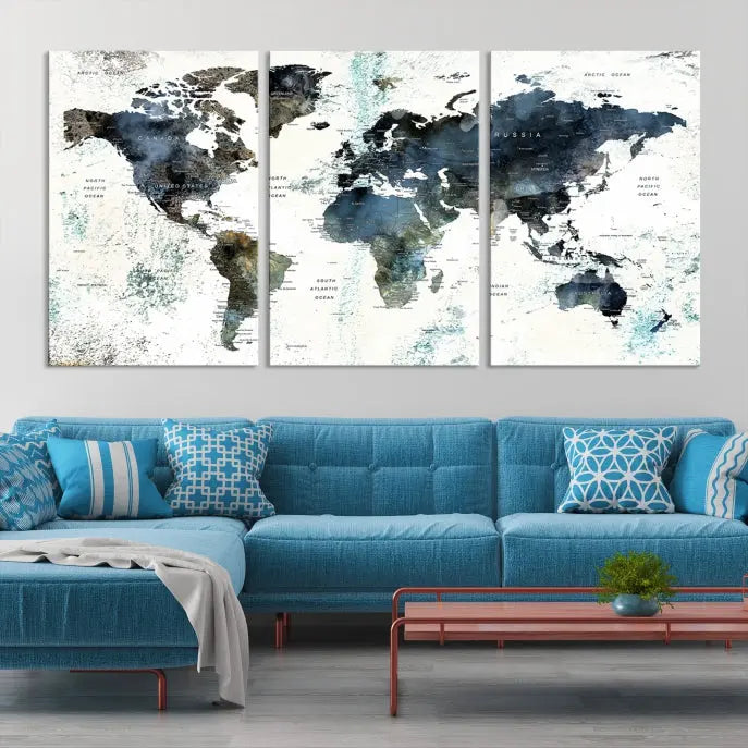 The "Watercolor Push Pin World Map Wall Art Canvas Print" displayed on the wall is a triptych crafted with museum-quality canvases. It contributes to the elegant ambiance with its modern and minimalist decor, featuring a UV-protective coating to maintain its vibrant allure.