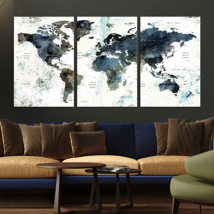 The "Watercolor Push Pin World Map Wall Art Canvas Print" displayed on the wall is a triptych crafted with museum-quality canvases. It contributes to the elegant ambiance with its modern and minimalist decor, featuring a UV-protective coating to maintain its vibrant allure.