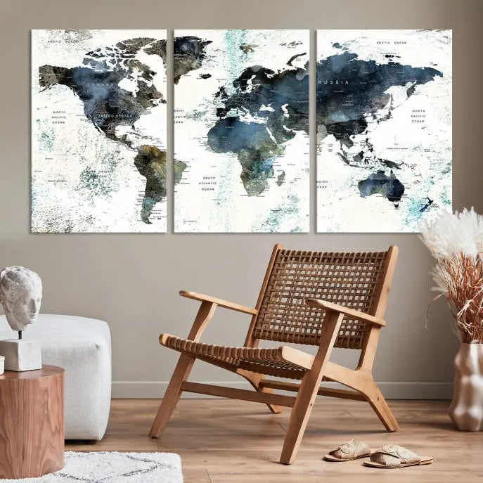 The "Watercolor Push Pin World Map Wall Art Canvas Print" displayed on the wall is a triptych crafted with museum-quality canvases. It contributes to the elegant ambiance with its modern and minimalist decor, featuring a UV-protective coating to maintain its vibrant allure.