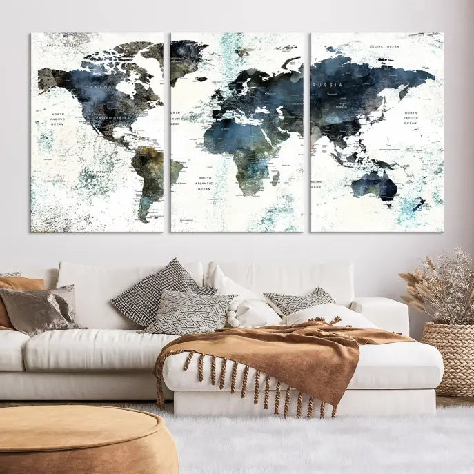 The "Watercolor Push Pin World Map Wall Art Canvas Print" displayed on the wall is a triptych crafted with museum-quality canvases. It contributes to the elegant ambiance with its modern and minimalist decor, featuring a UV-protective coating to maintain its vibrant allure.