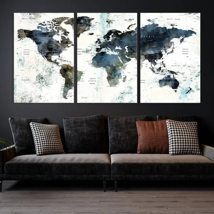 The "Watercolor Push Pin World Map Wall Art Canvas Print" displayed on the wall is a triptych crafted with museum-quality canvases. It contributes to the elegant ambiance with its modern and minimalist decor, featuring a UV-protective coating to maintain its vibrant allure.