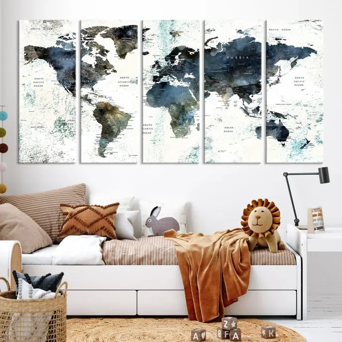 The "Watercolor Push Pin World Map Wall Art Canvas Print" displayed on the wall is a triptych crafted with museum-quality canvases. It contributes to the elegant ambiance with its modern and minimalist decor, featuring a UV-protective coating to maintain its vibrant allure.