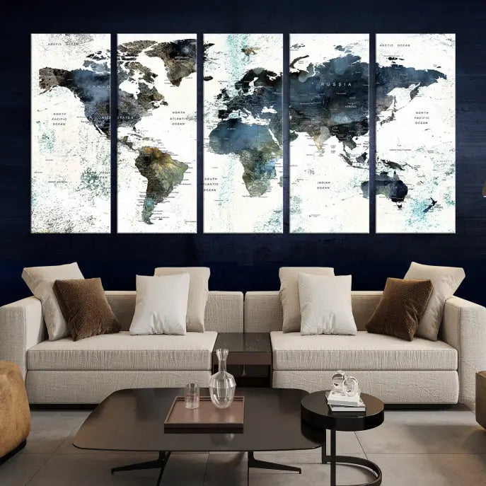 The "Watercolor Push Pin World Map Wall Art Canvas Print" displayed on the wall is a triptych crafted with museum-quality canvases. It contributes to the elegant ambiance with its modern and minimalist decor, featuring a UV-protective coating to maintain its vibrant allure.