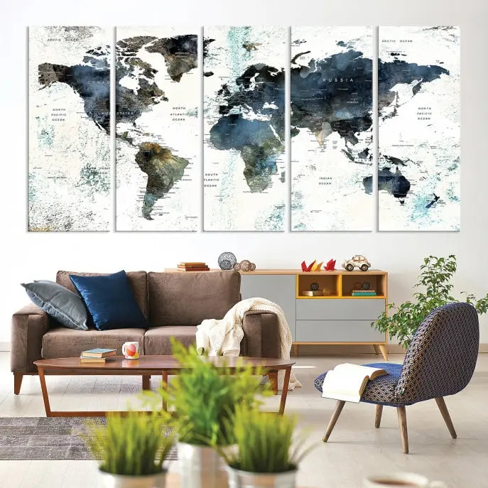 The "Watercolor Push Pin World Map Wall Art Canvas Print" displayed on the wall is a triptych crafted with museum-quality canvases. It contributes to the elegant ambiance with its modern and minimalist decor, featuring a UV-protective coating to maintain its vibrant allure.