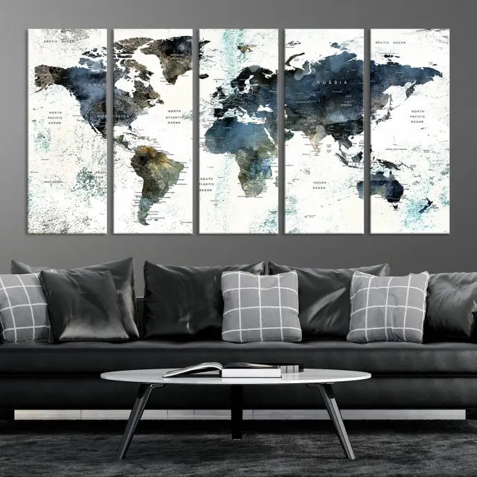 The "Watercolor Push Pin World Map Wall Art Canvas Print" displayed on the wall is a triptych crafted with museum-quality canvases. It contributes to the elegant ambiance with its modern and minimalist decor, featuring a UV-protective coating to maintain its vibrant allure.