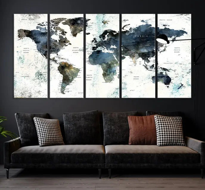 The "Watercolor Push Pin World Map Wall Art Canvas Print" displayed on the wall is a triptych crafted with museum-quality canvases. It contributes to the elegant ambiance with its modern and minimalist decor, featuring a UV-protective coating to maintain its vibrant allure.