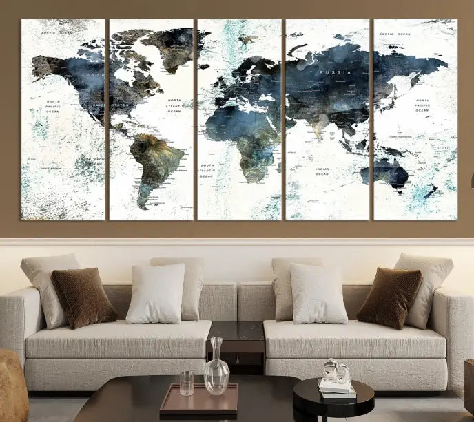 The "Watercolor Push Pin World Map Wall Art Canvas Print" displayed on the wall is a triptych crafted with museum-quality canvases. It contributes to the elegant ambiance with its modern and minimalist decor, featuring a UV-protective coating to maintain its vibrant allure.