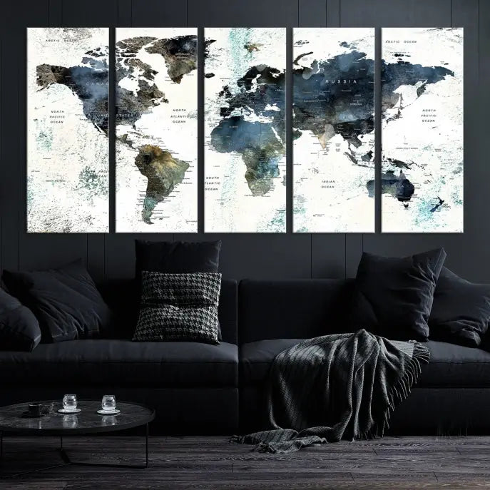 The "Watercolor Push Pin World Map Wall Art Canvas Print" displayed on the wall is a triptych crafted with museum-quality canvases. It contributes to the elegant ambiance with its modern and minimalist decor, featuring a UV-protective coating to maintain its vibrant allure.