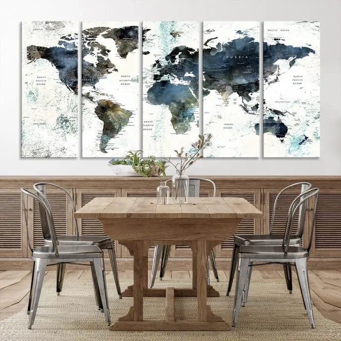 The "Watercolor Push Pin World Map Wall Art Canvas Print" displayed on the wall is a triptych crafted with museum-quality canvases. It contributes to the elegant ambiance with its modern and minimalist decor, featuring a UV-protective coating to maintain its vibrant allure.