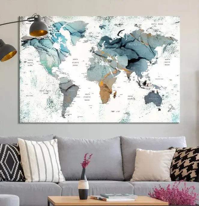 Watercolor Push Pin World Map Wall Art World Map Painting Canvas Print