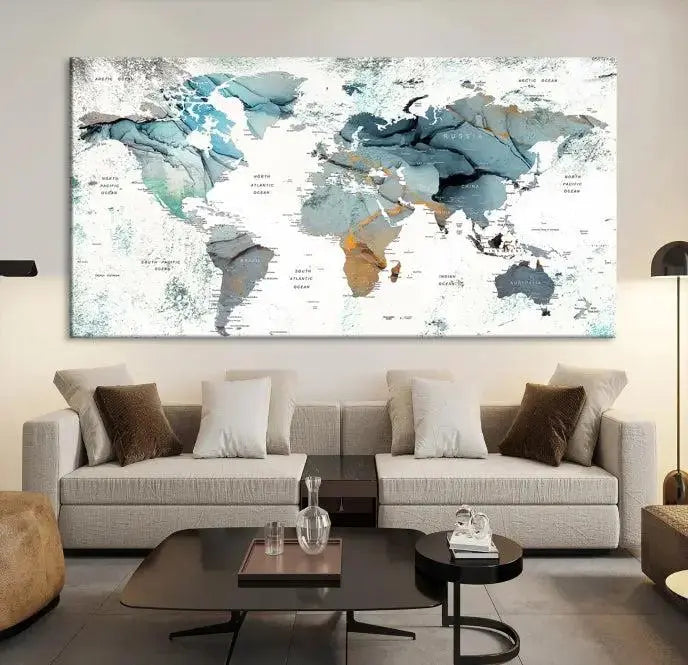 Watercolor Push Pin World Map Wall Art World Map Painting Canvas Print
