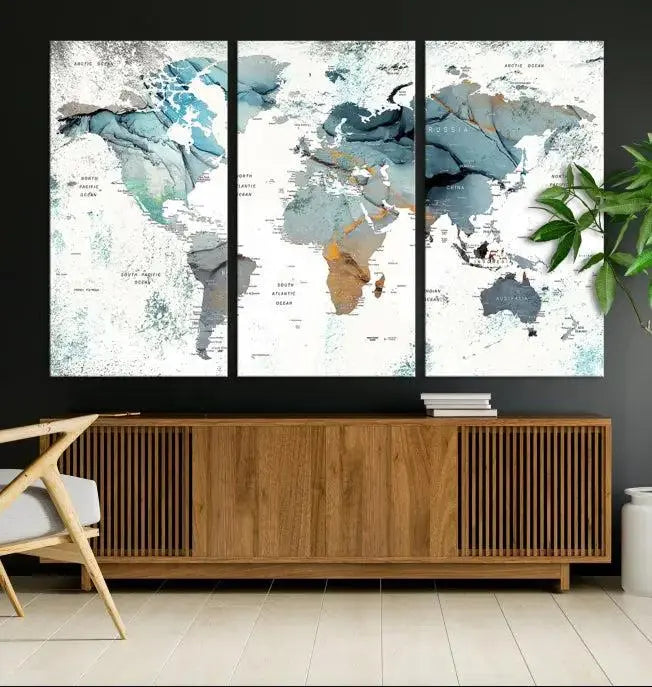 Watercolor Push Pin World Map Wall Art World Map Painting Canvas Print