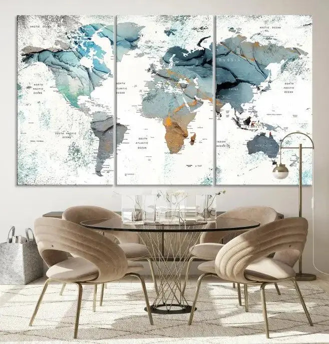 Watercolor Push Pin World Map Wall Art World Map Painting Canvas Print
