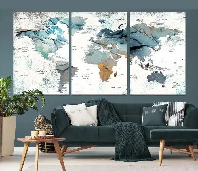 Watercolor Push Pin World Map Wall Art World Map Painting Canvas Print