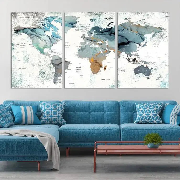 Watercolor Push Pin World Map Wall Art World Map Painting Canvas Print