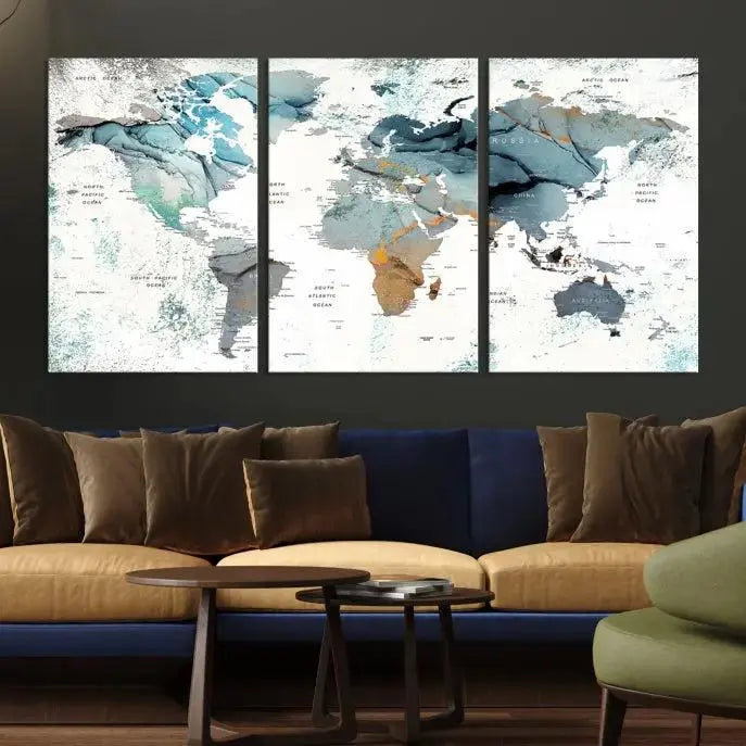 Watercolor Push Pin World Map Wall Art World Map Painting Canvas Print