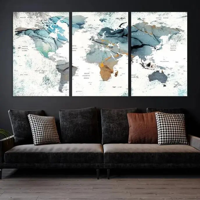 Watercolor Push Pin World Map Wall Art World Map Painting Canvas Print