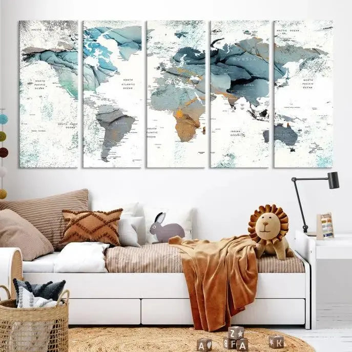 The Watercolor Push Pin World Map Wall Art, a world map painting on museum-quality canvas in blue and gray hues with a UV-protective coating, hangs prominently in the room.