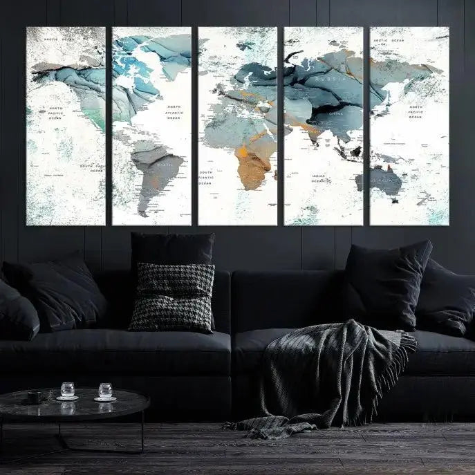 The Watercolor Push Pin World Map Wall Art, a world map painting on museum-quality canvas in blue and gray hues with a UV-protective coating, hangs prominently in the room.