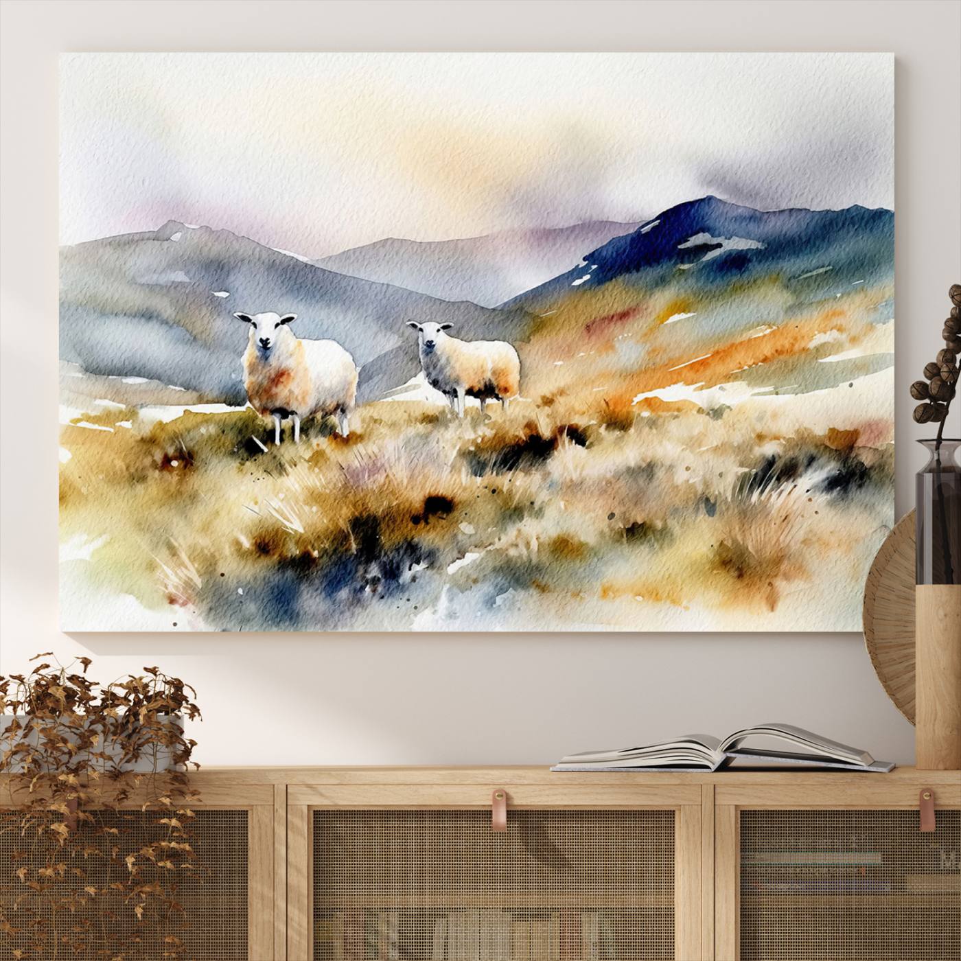 58145-MGV-CV-36X24-Watercolor Sheep for Farmhouse Decor Wall Art Canvas Print, Mountain Wall Art Print