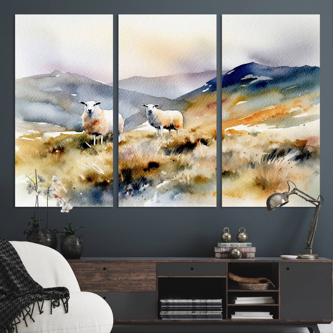 58145-MGV-CV-48X32-3P-Watercolor Sheep for Farmhouse Decor Wall Art Canvas Print, Mountain Wall Art Print