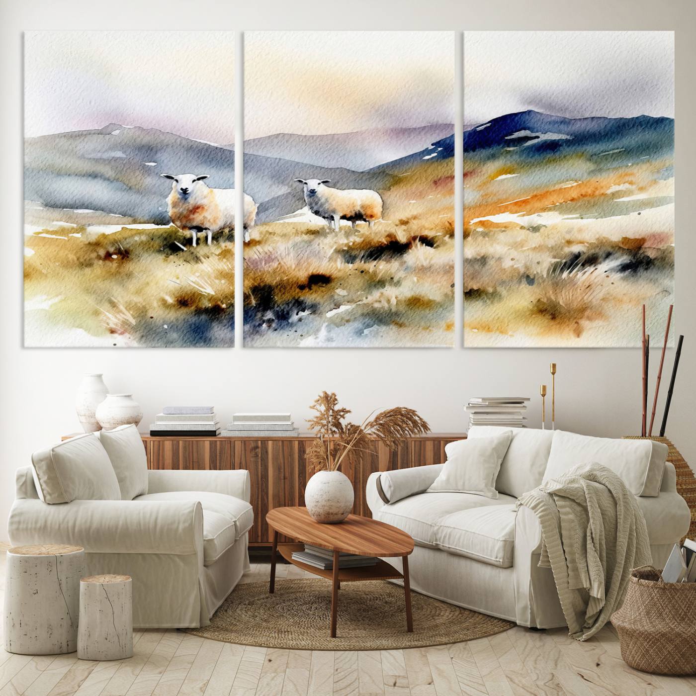 58145-MGV-CV-60X30-3P-Watercolor Sheep for Farmhouse Decor Wall Art Canvas Print, Mountain Wall Art Print