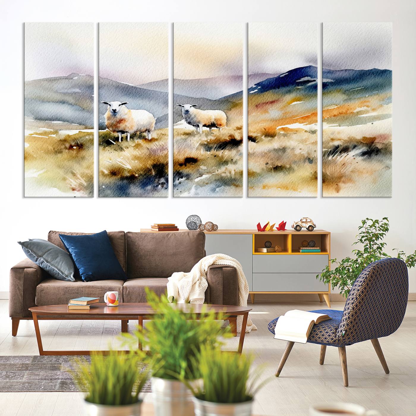 58145-MGV-CV-60X31-5P-Watercolor Sheep for Farmhouse Decor Wall Art Canvas Print, Mountain Wall Art Print