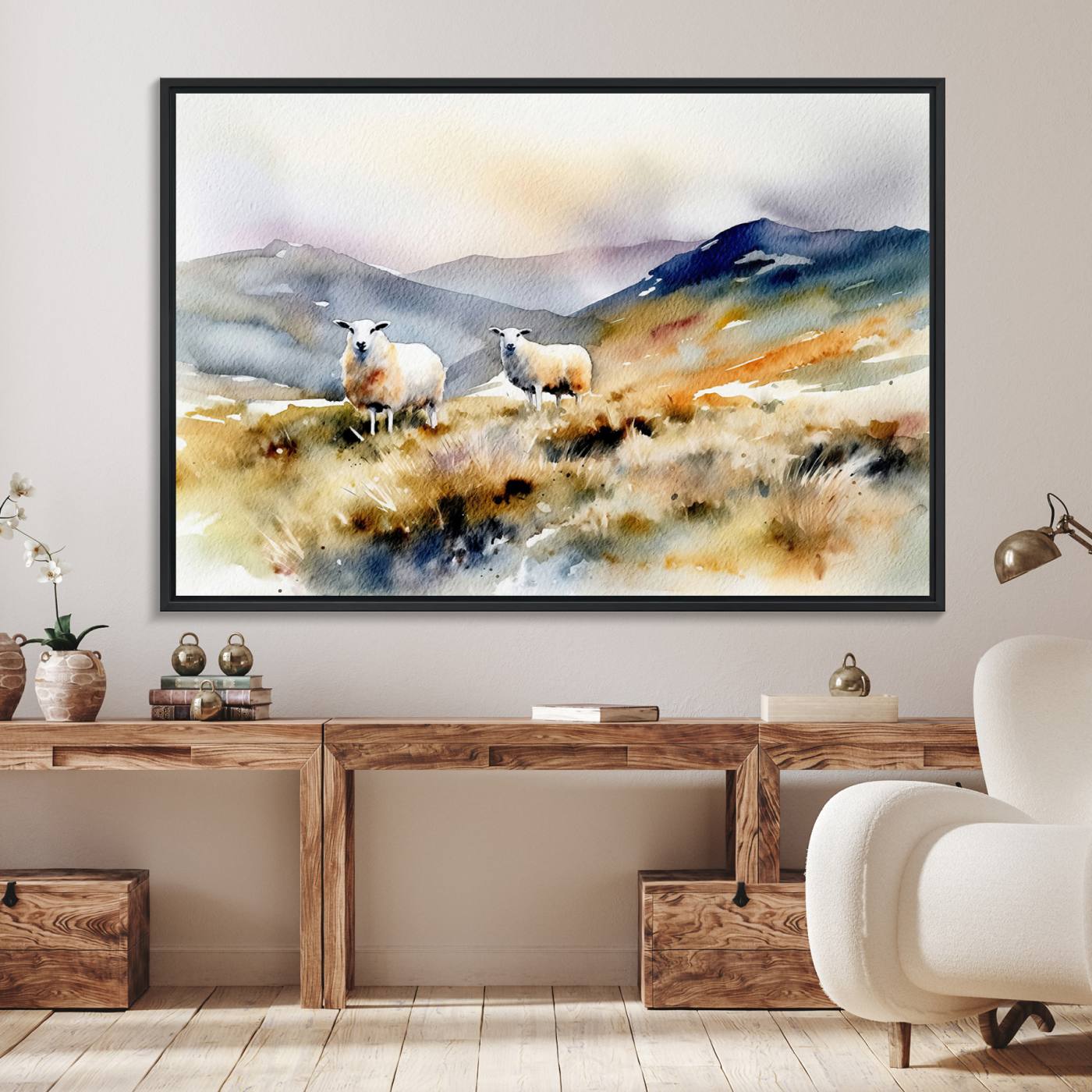 58145-MGV-FC-36X24_Black-Watercolor Sheep for Farmhouse Decor Wall Art Canvas Print, Mountain Wall Art Print