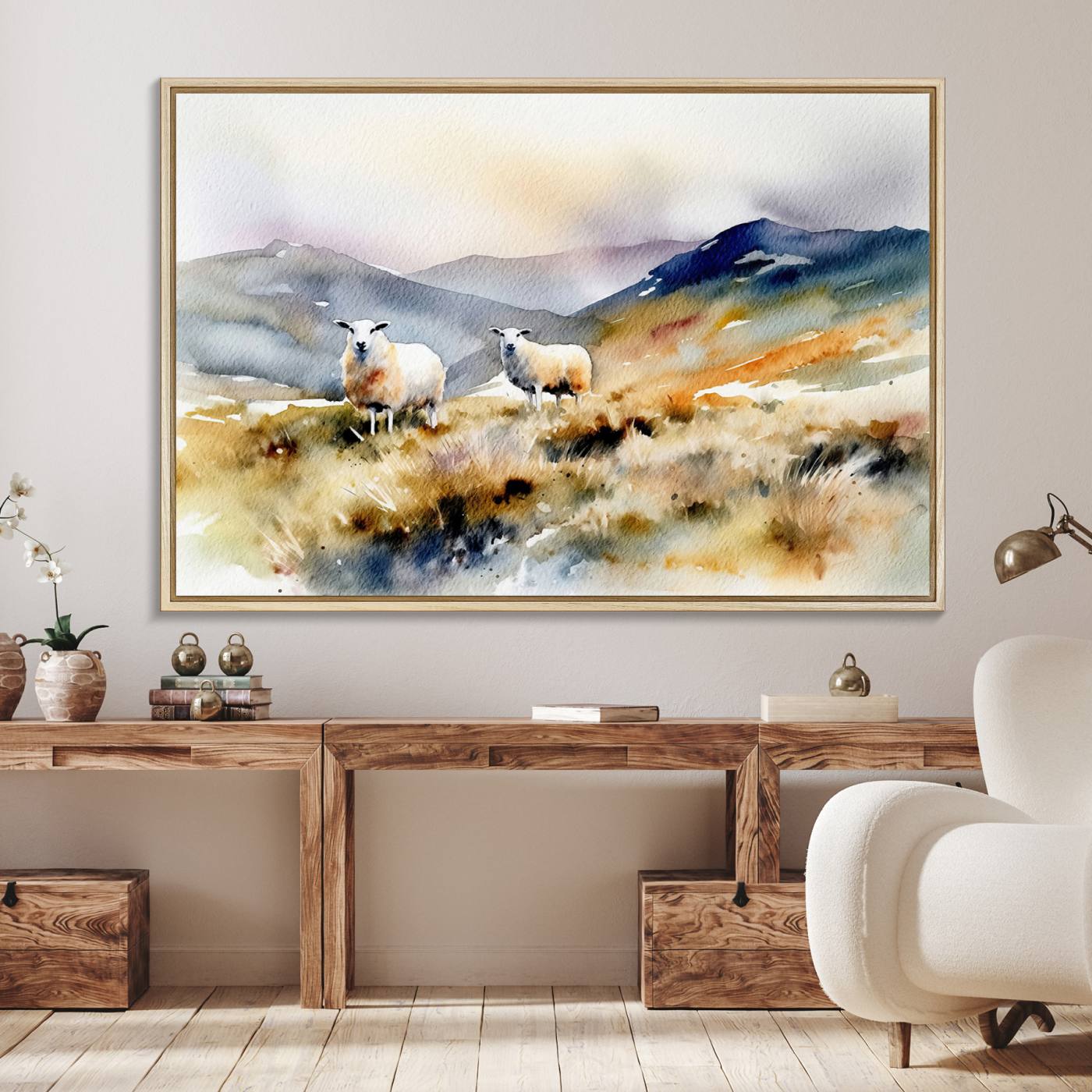 58145-MGV-FC-36X24_Natural-Watercolor Sheep for Farmhouse Decor Wall Art Canvas Print, Mountain Wall Art Print