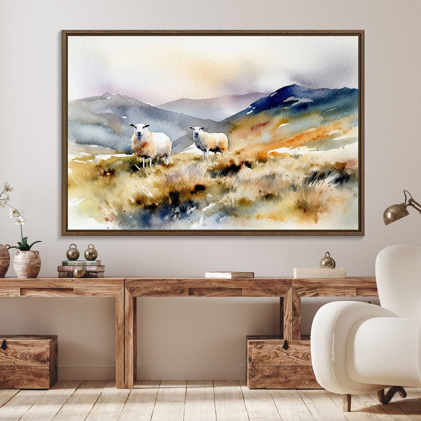 58145-MGV-FC-36X24_Walnut-Watercolor Sheep for Farmhouse Decor Wall Art Canvas Print, Mountain Wall Art Print