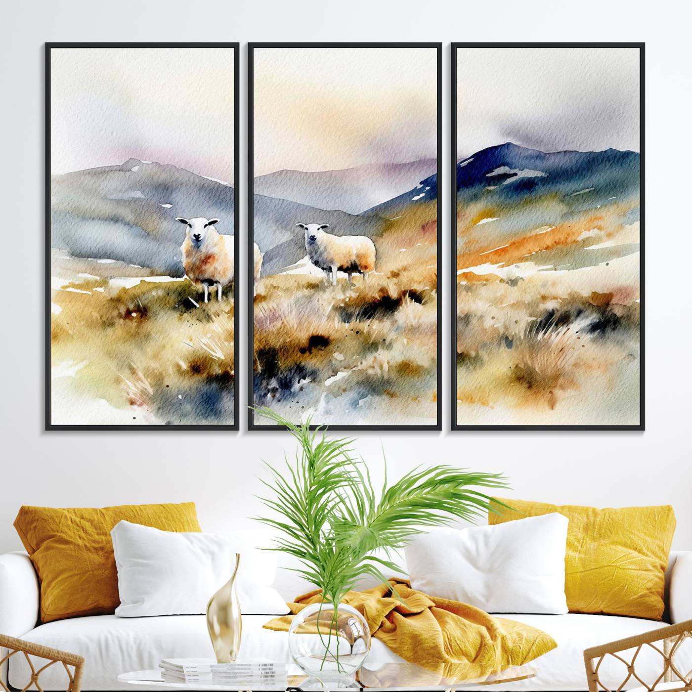 58145-MGV-FC-48X32-3P_Black-Watercolor Sheep for Farmhouse Decor Wall Art Canvas Print, Mountain Wall Art Print