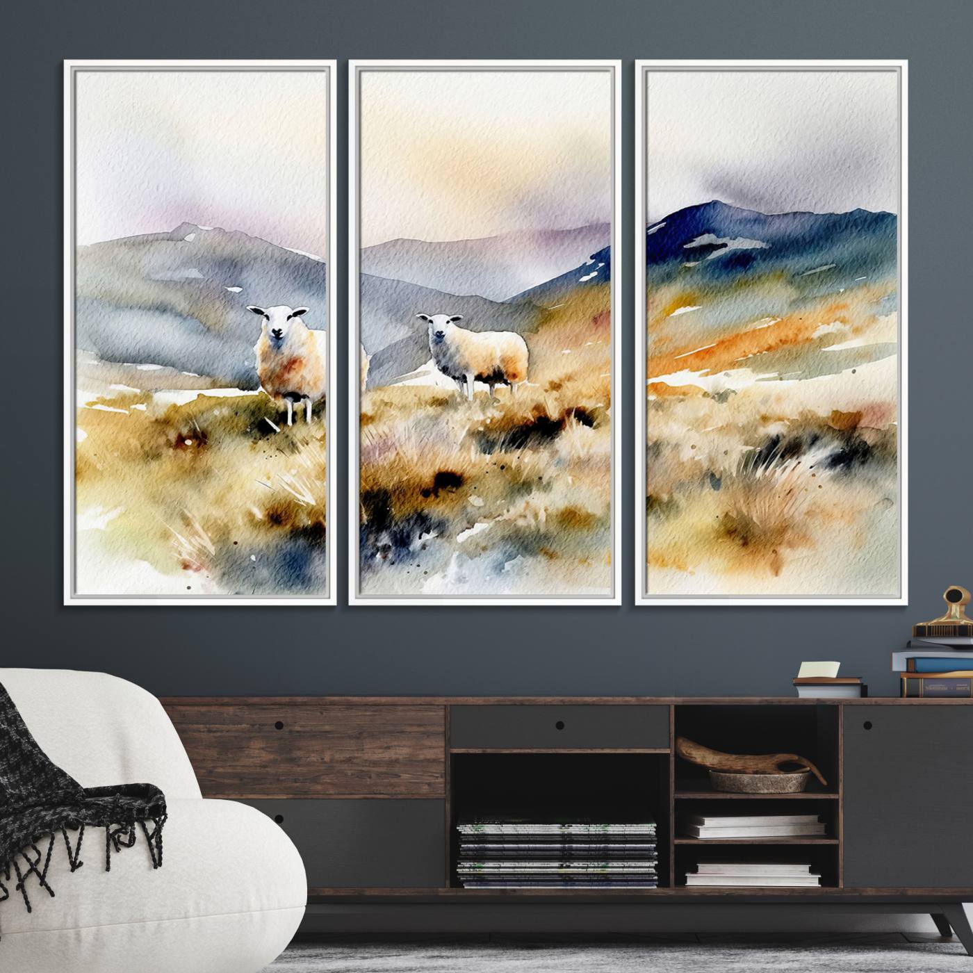 58145-MGV-FC-48X32-3P_White-Watercolor Sheep for Farmhouse Decor Wall Art Canvas Print, Mountain Wall Art Print