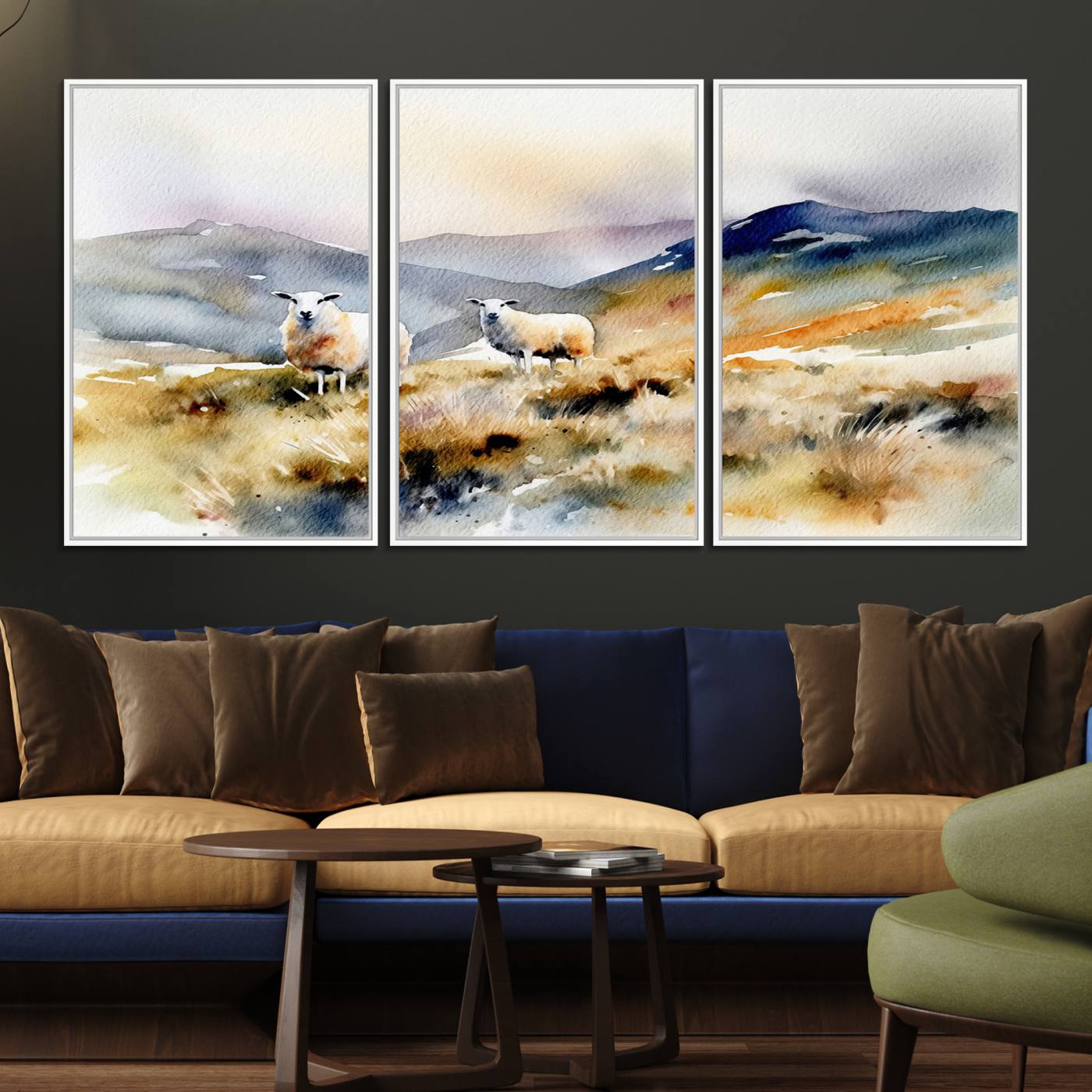 58145-MGV-FC-60X30-3P_White-Watercolor Sheep for Farmhouse Decor Wall Art Canvas Print, Mountain Wall Art Print