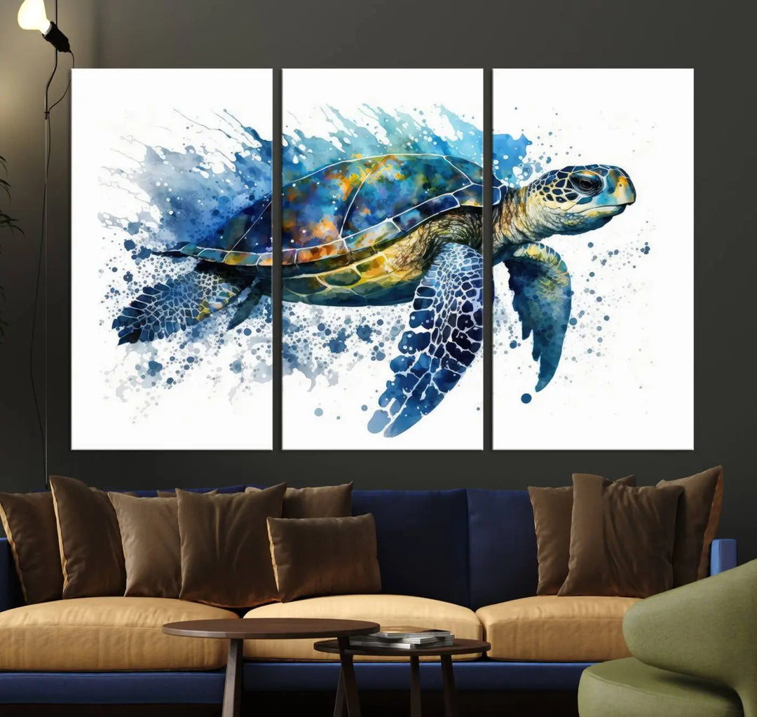 Watercolor Turtle Wall Art Canvas Print features a vibrant sea turtle with splashes of blue and green, expertly printed on museum-quality canvas.