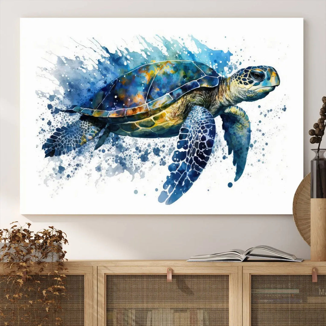 Watercolor Turtle Wall Art Canvas Print features a vibrant sea turtle with splashes of blue and green, expertly printed on museum-quality canvas.