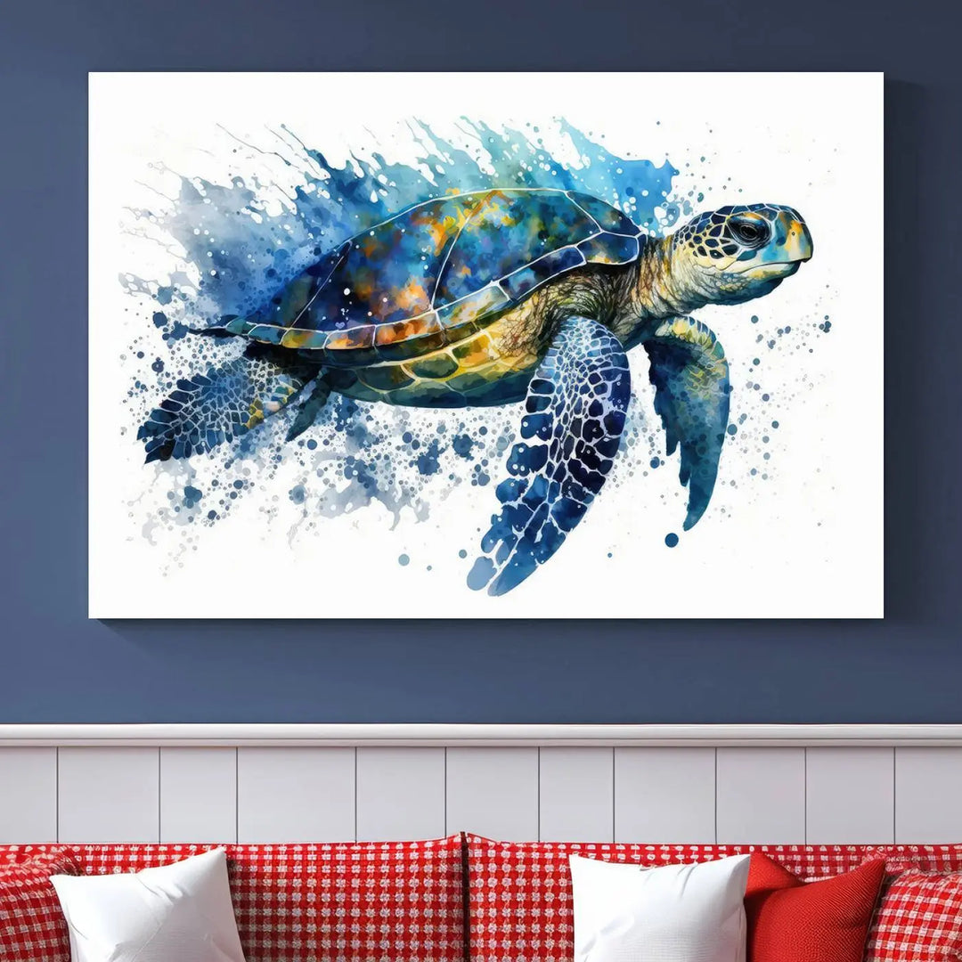 Watercolor Turtle Wall Art Canvas Print features a vibrant sea turtle with splashes of blue and green, expertly printed on museum-quality canvas.