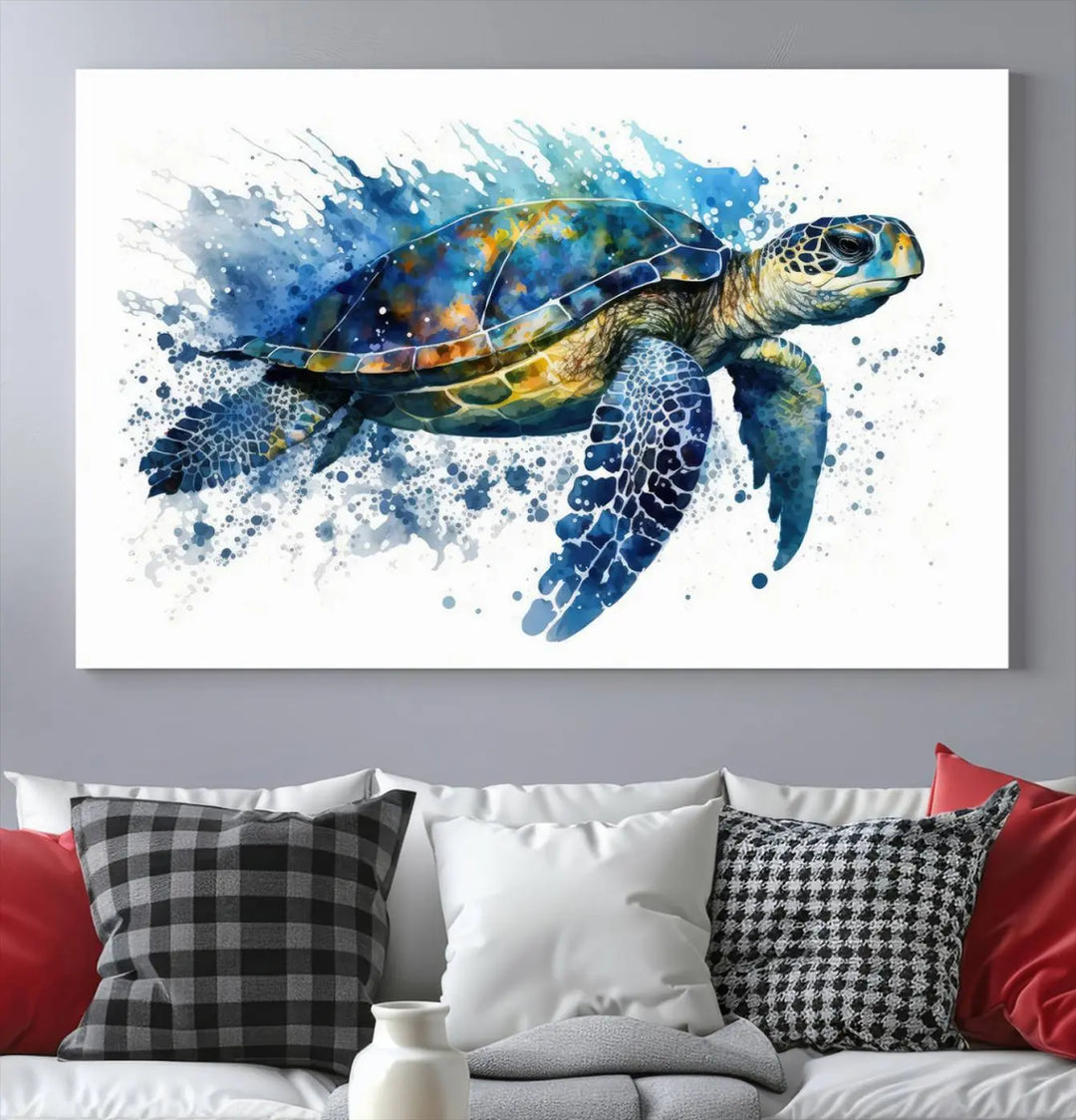 Watercolor Turtle Wall Art Canvas Print features a vibrant sea turtle with splashes of blue and green, expertly printed on museum-quality canvas.