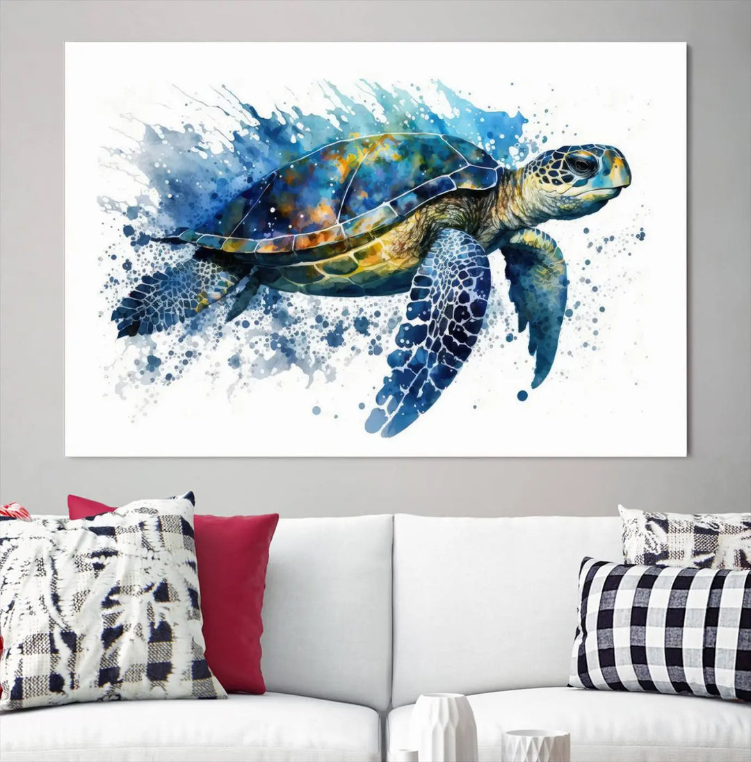 Watercolor Turtle Wall Art Canvas Print features a vibrant sea turtle with splashes of blue and green, expertly printed on museum-quality canvas.