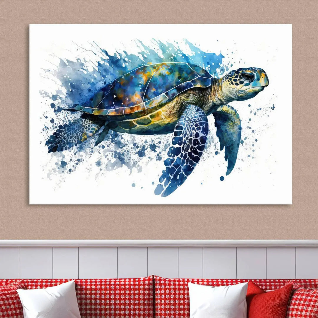 Watercolor Turtle Wall Art Canvas Print features a vibrant sea turtle with splashes of blue and green, expertly printed on museum-quality canvas.