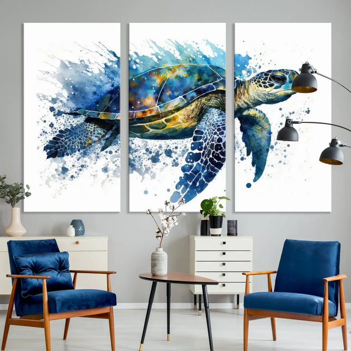 Watercolor Turtle Wall Art Canvas Print features a vibrant sea turtle with splashes of blue and green, expertly printed on museum-quality canvas.