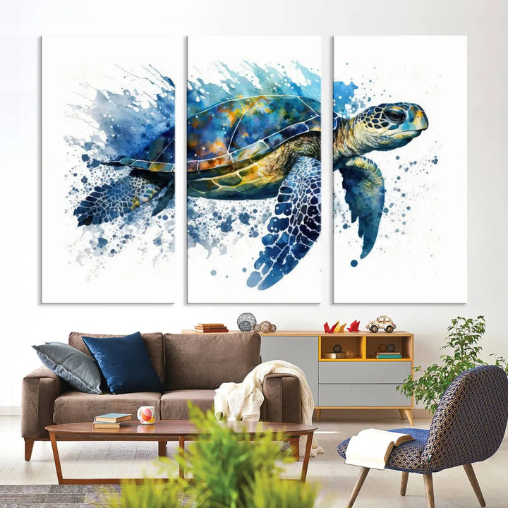 Watercolor Turtle Wall Art Canvas Print features a vibrant sea turtle with splashes of blue and green, expertly printed on museum-quality canvas.