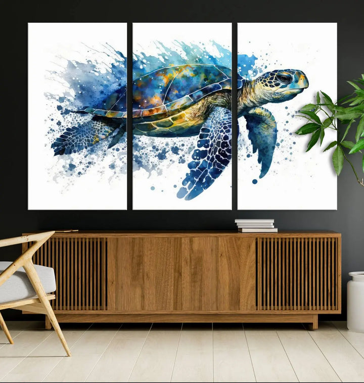 Watercolor Turtle Wall Art Canvas Print features a vibrant sea turtle with splashes of blue and green, expertly printed on museum-quality canvas.