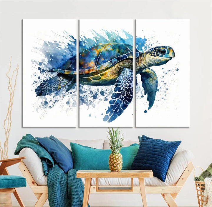 Watercolor Turtle Wall Art Canvas Print features a vibrant sea turtle with splashes of blue and green, expertly printed on museum-quality canvas.