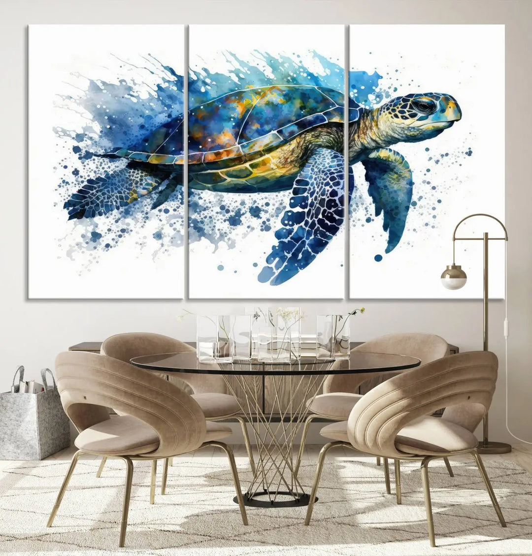 Watercolor Turtle Wall Art Canvas Print features a vibrant sea turtle with splashes of blue and green, expertly printed on museum-quality canvas.