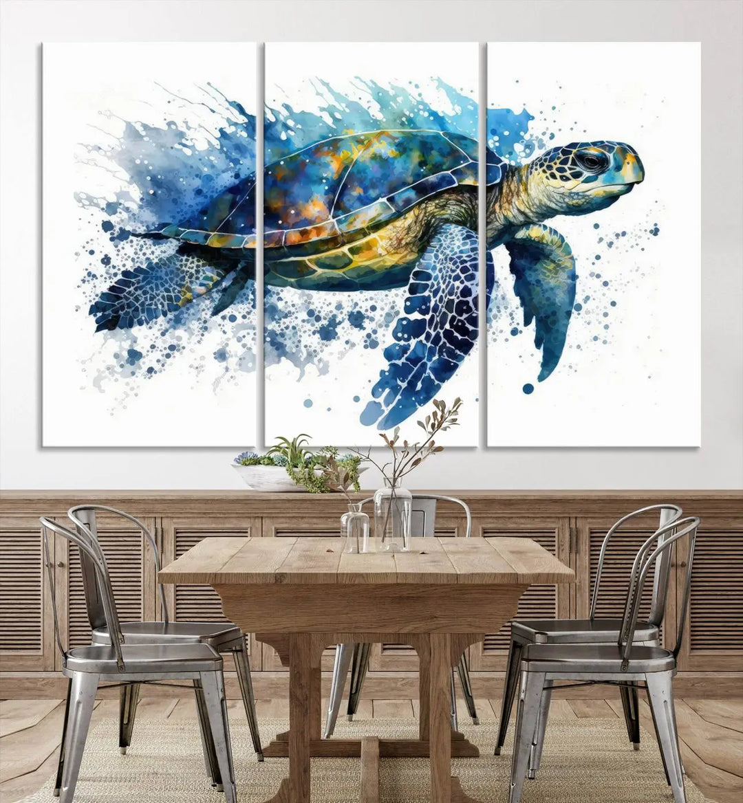 Watercolor Turtle Wall Art Canvas Print features a vibrant sea turtle with splashes of blue and green, expertly printed on museum-quality canvas.