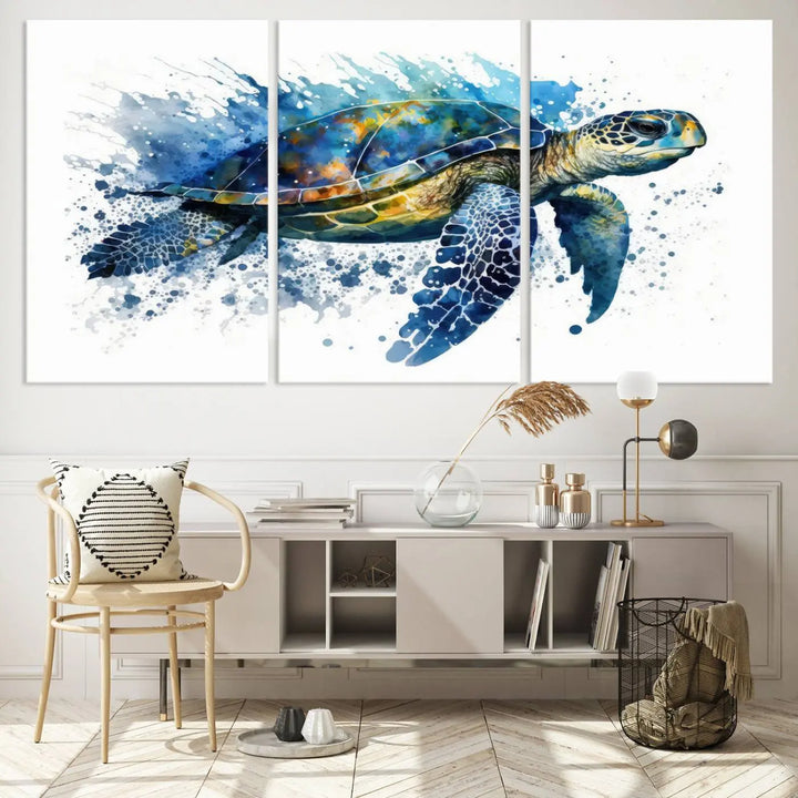 Watercolor Turtle Wall Art Canvas Print features a vibrant sea turtle with splashes of blue and green, expertly printed on museum-quality canvas.