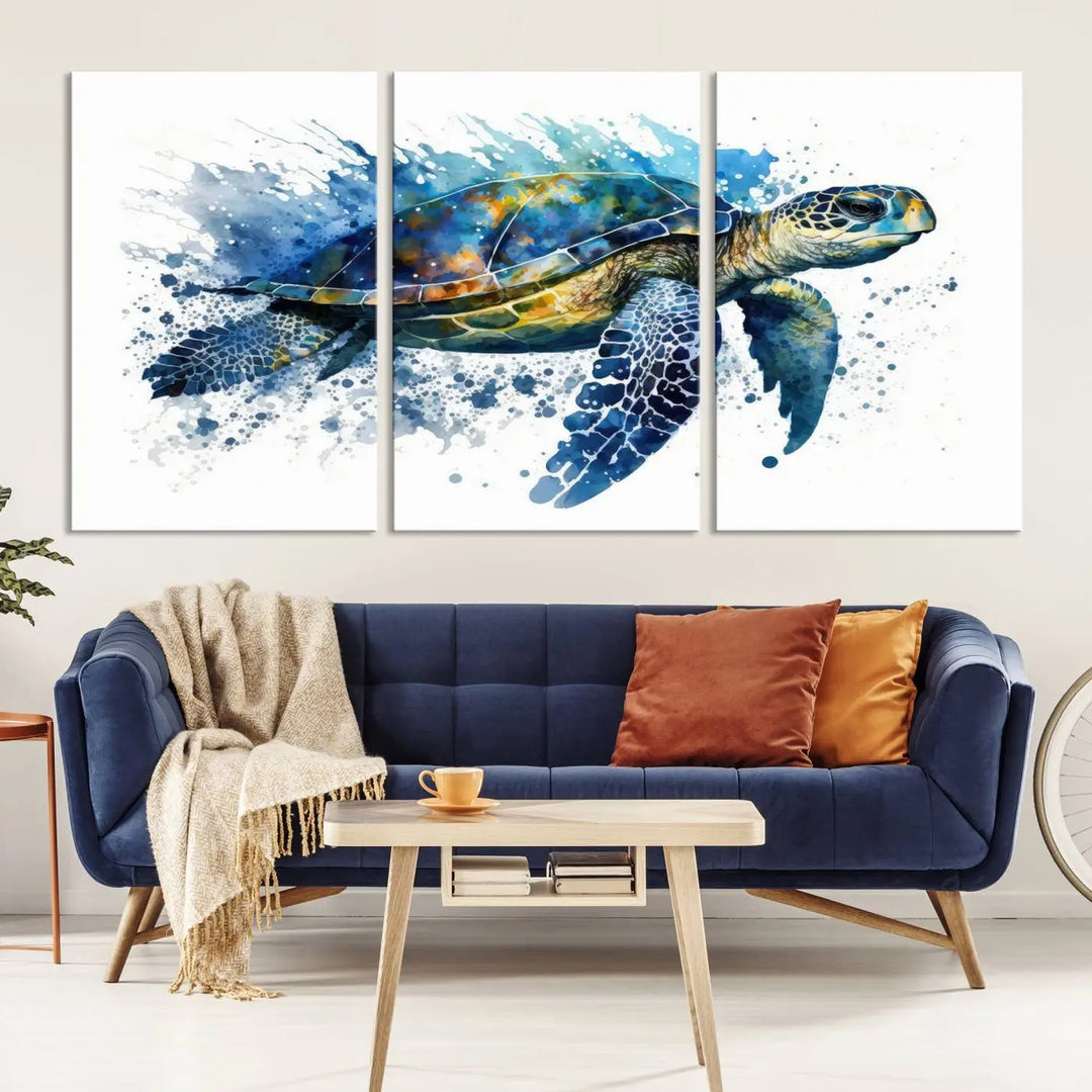 Watercolor Turtle Wall Art Canvas Print features a vibrant sea turtle with splashes of blue and green, expertly printed on museum-quality canvas.