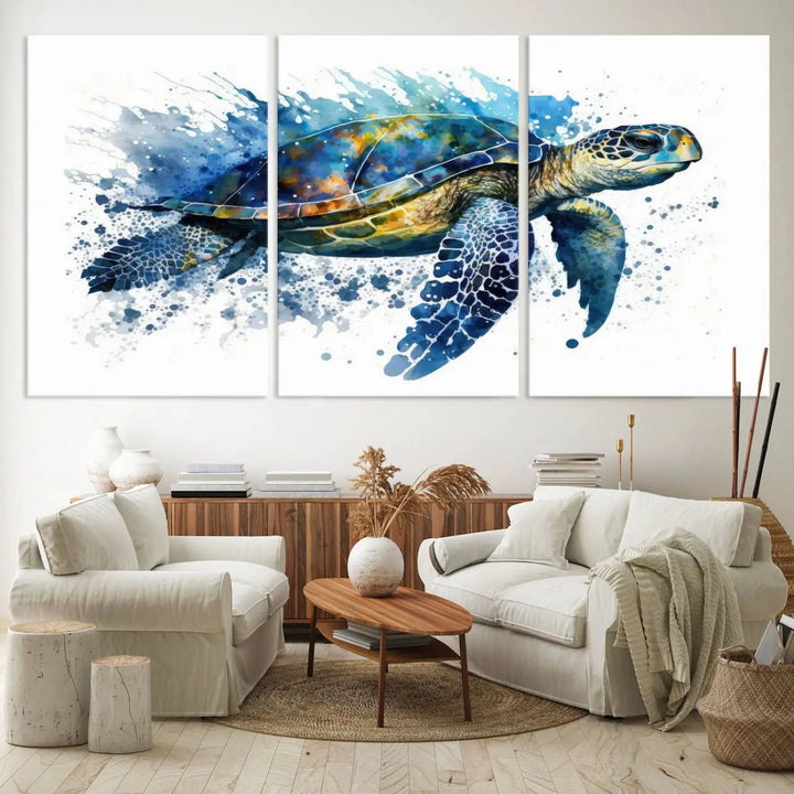 Watercolor Turtle Wall Art Canvas Print features a vibrant sea turtle with splashes of blue and green, expertly printed on museum-quality canvas.